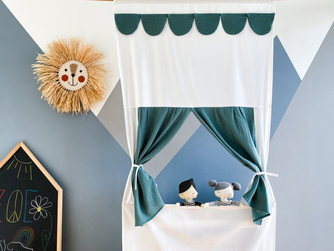 Puppentheater Kasperletheater Musselin nilblau inkl. Teleskopstange